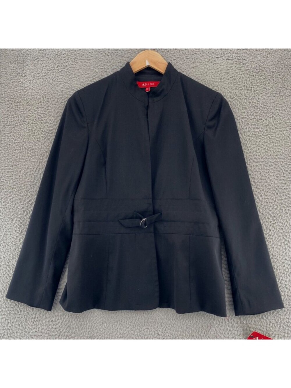 A Line Jacket Womens 8 Black Stretch Buckle Belted Long Sleeve Blazer Pocket NWT